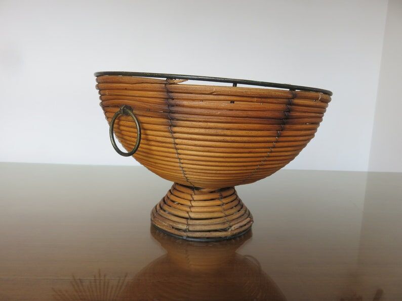 Standing fruit basket in rattan and black lacquered metal 1970