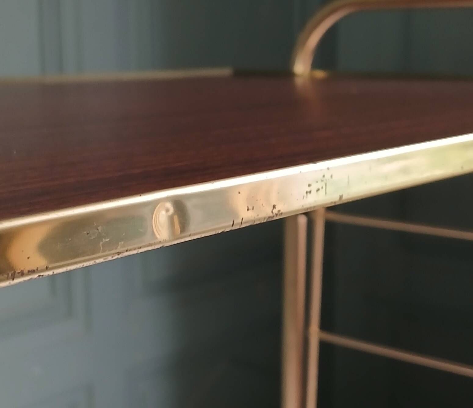 Vinyl record storage unit in gold metal & rosewood formica 1960