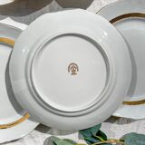 6 Vintage White and Gold Porcelain Dinner Plates Limoge France ADP "Ariane" - Elegant Antique French Tableware