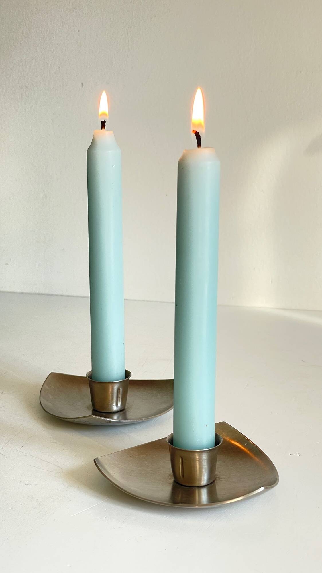 Vintage brushed metal geometric candle holders