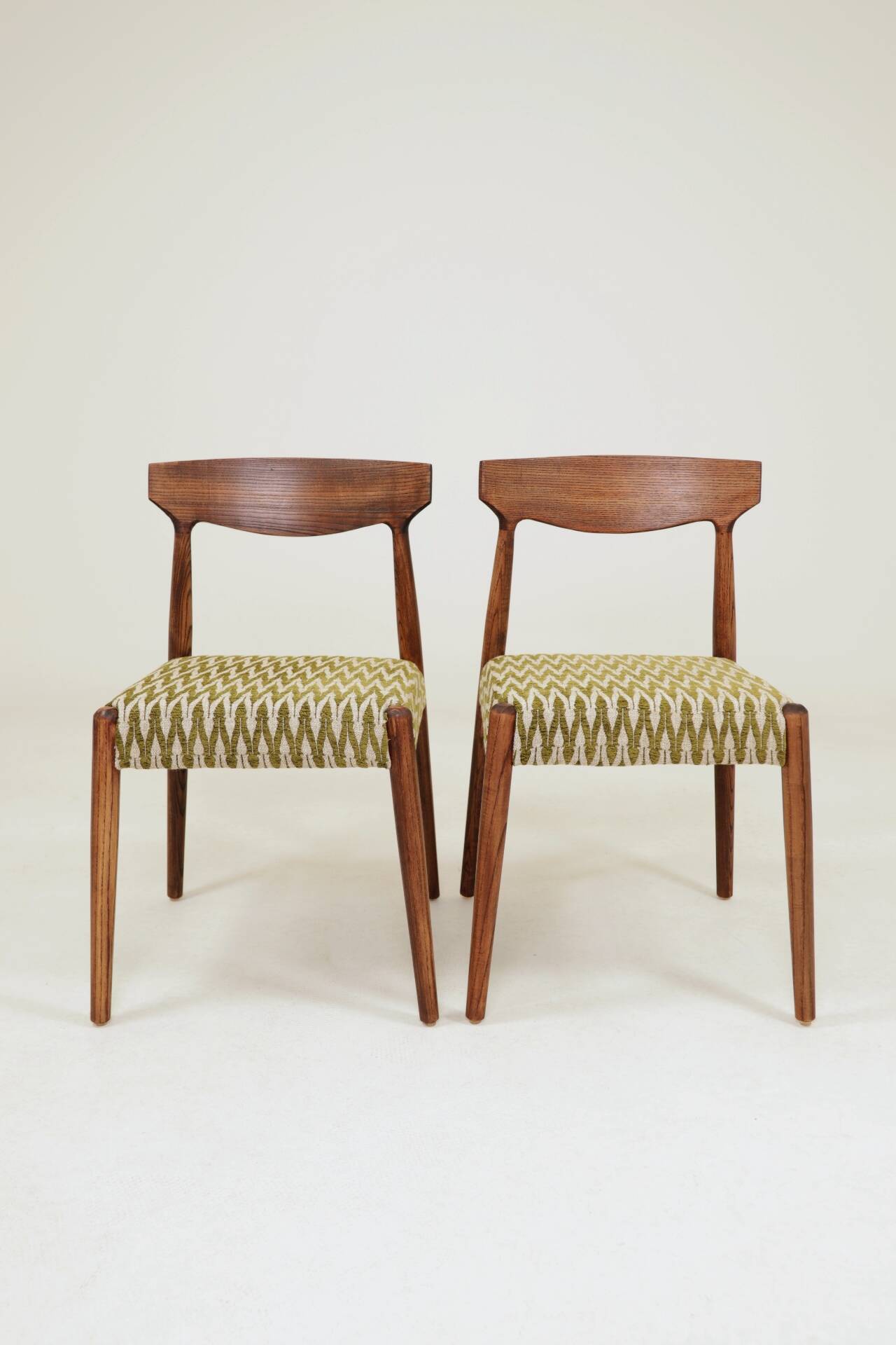 Set 2 Dining Chairs Solid Wood Ash Green Jacquard Fabric