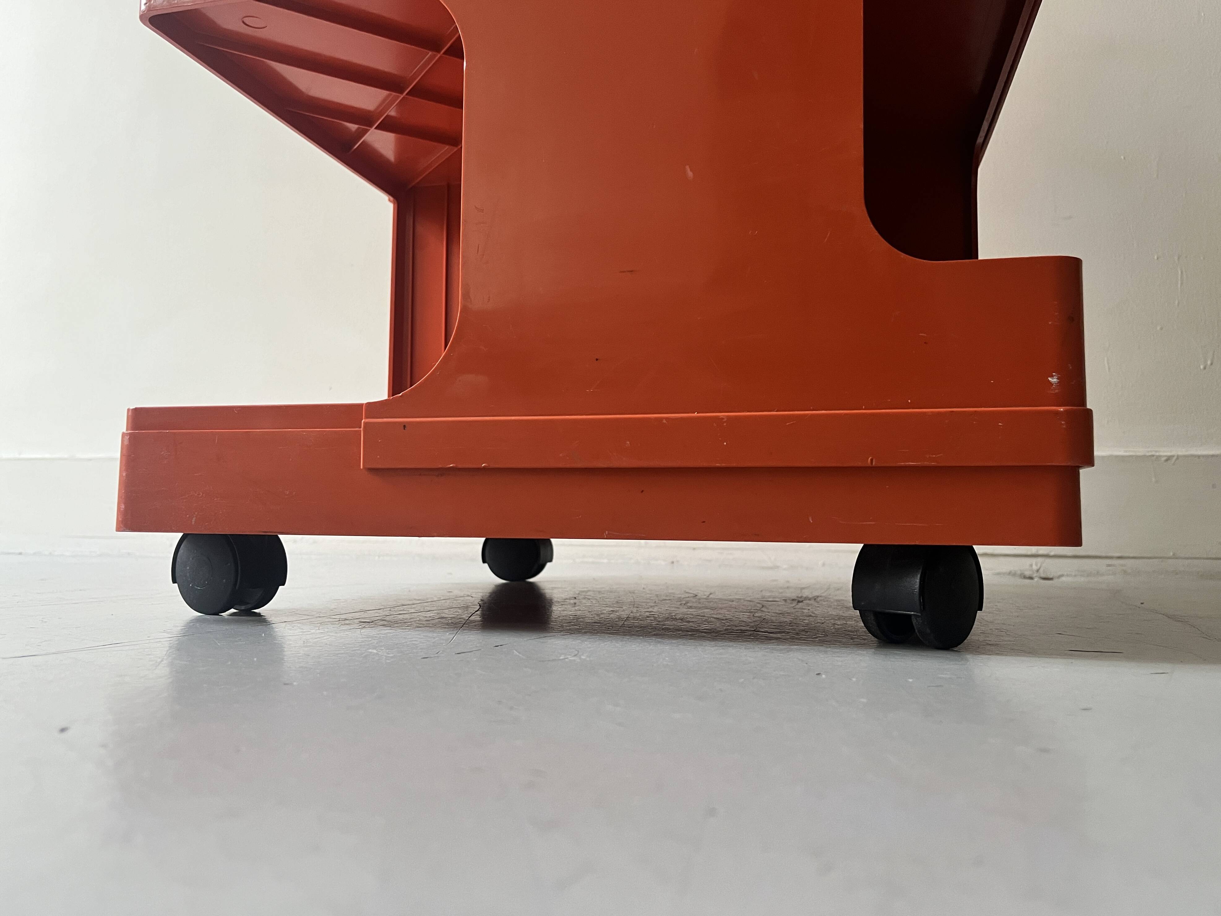 Multi-storage design serving trolley in orange abs, Stile italy 1970