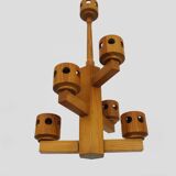 Vintage wooden chandelier with 6 lights. Antique lighting fixture. 1970s