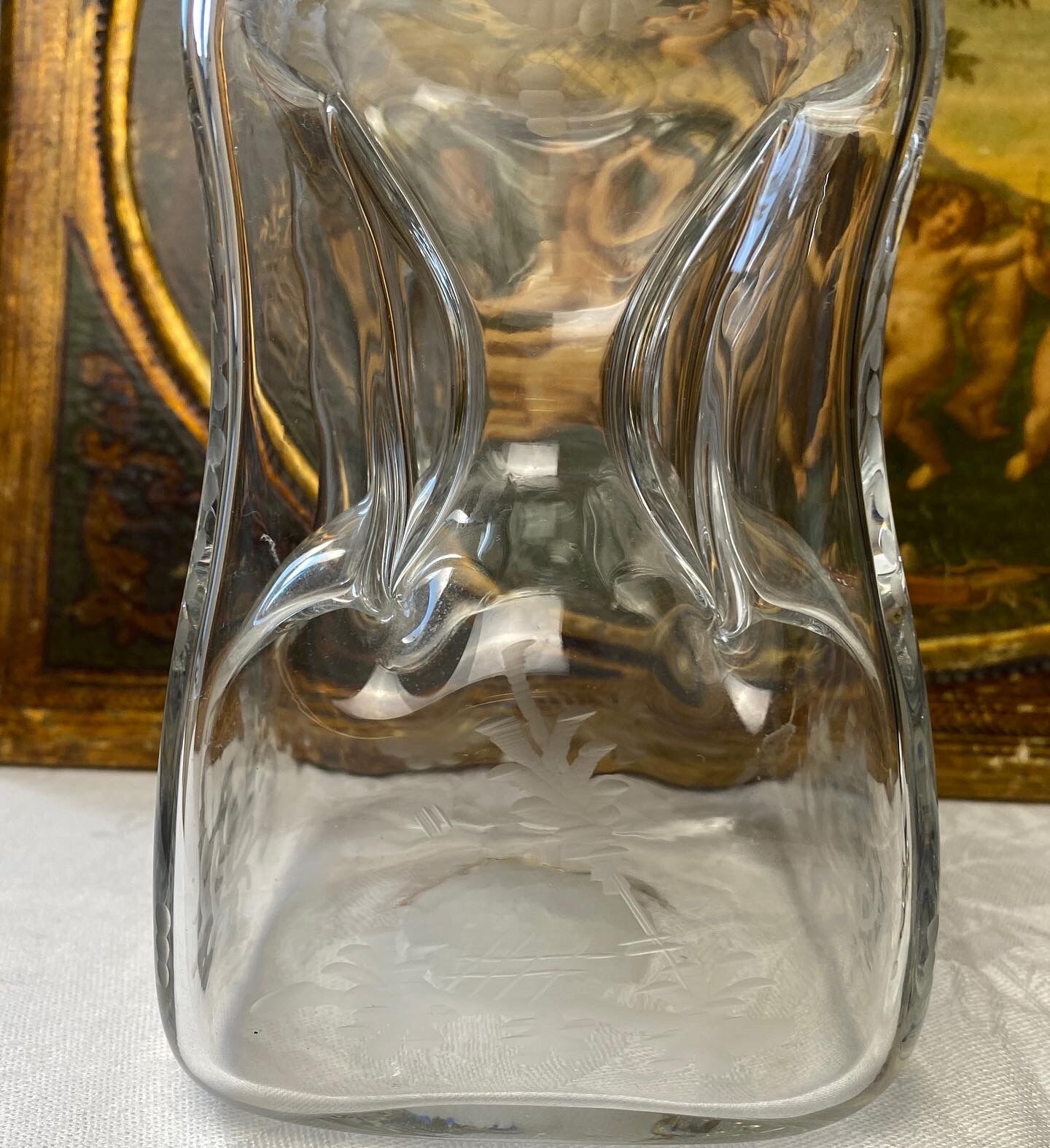 Antique engraved pinched crystal decanter