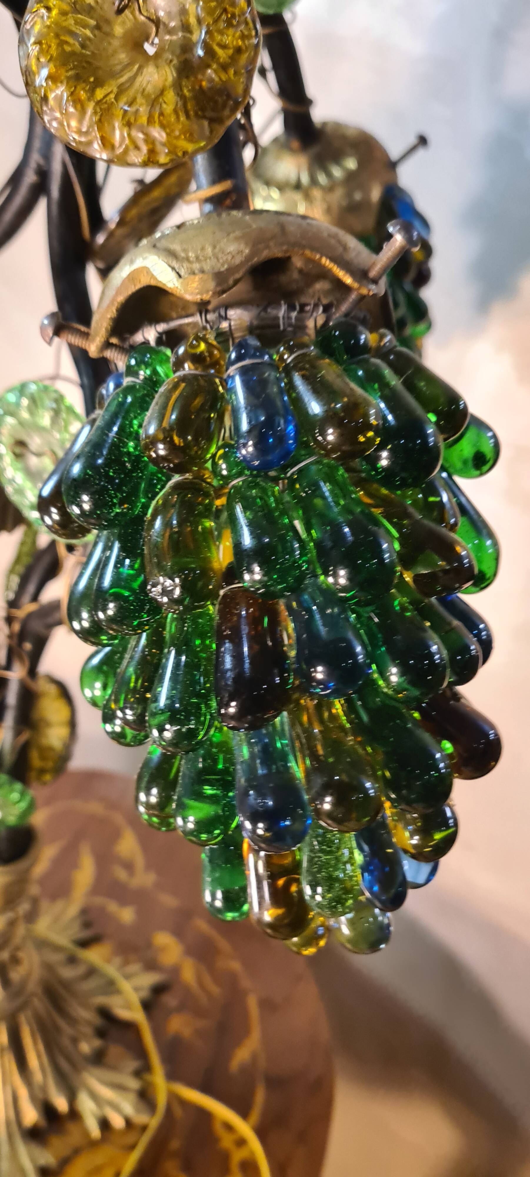 Original murano lamp in gilded bronze and metal with three lights, murano glass tulips 58x42