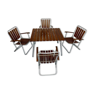 Salon de jardin vintage pliant, table et 4 fauteuils en bois et métal, 1960