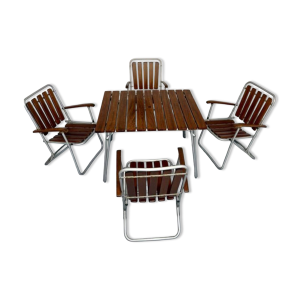 Salon de jardin vintage pliant, table et 4 fauteuils en bois et métal, 1960