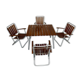 Salon de jardin vintage pliant, table et 4 fauteuils en bois et métal, 1960