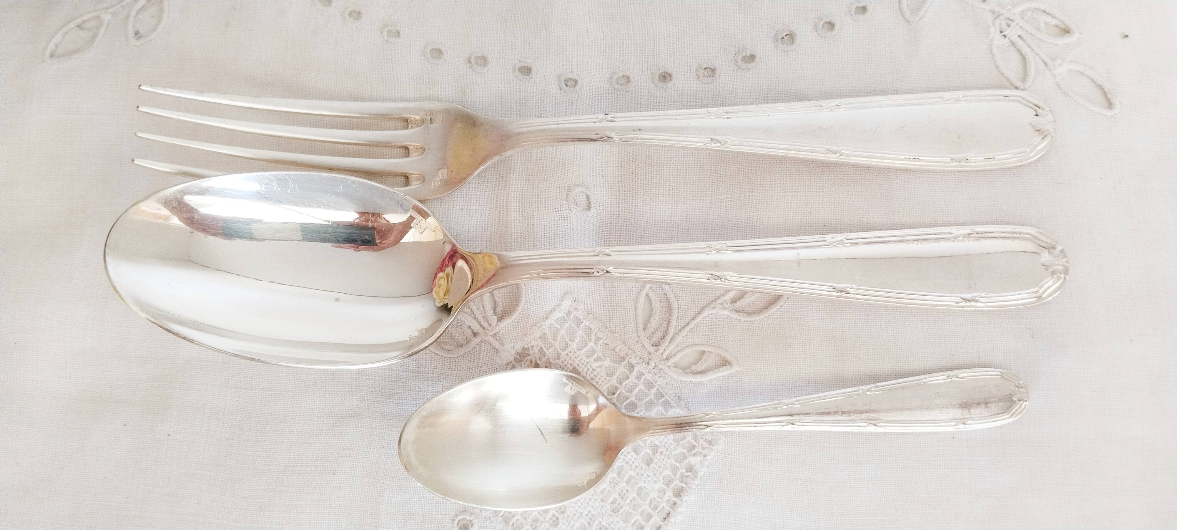 Silver cutlery set, Alfenide, ribbon decoration