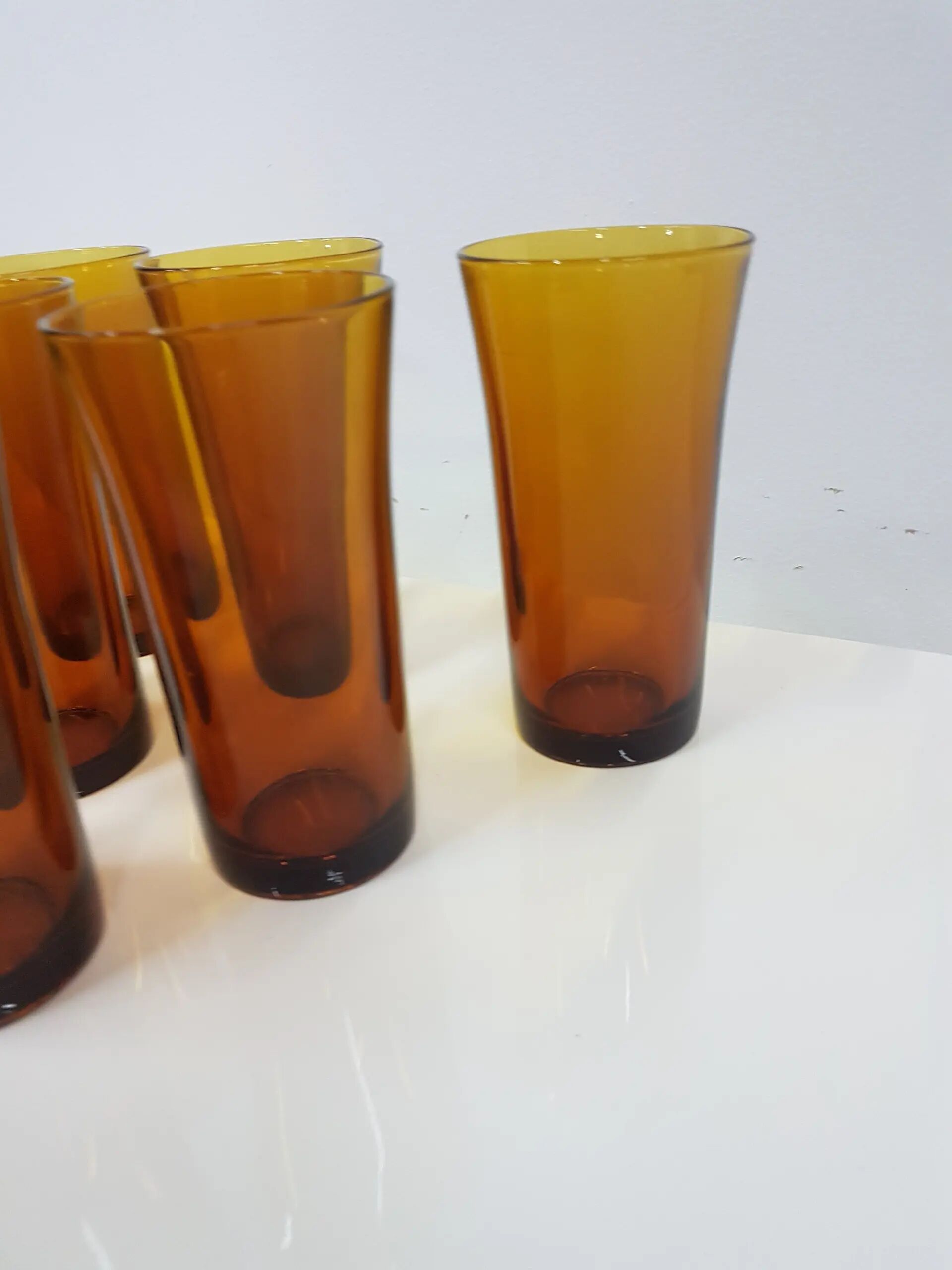 Set of six amber glass tumblers, Duralex, France, 1980s.