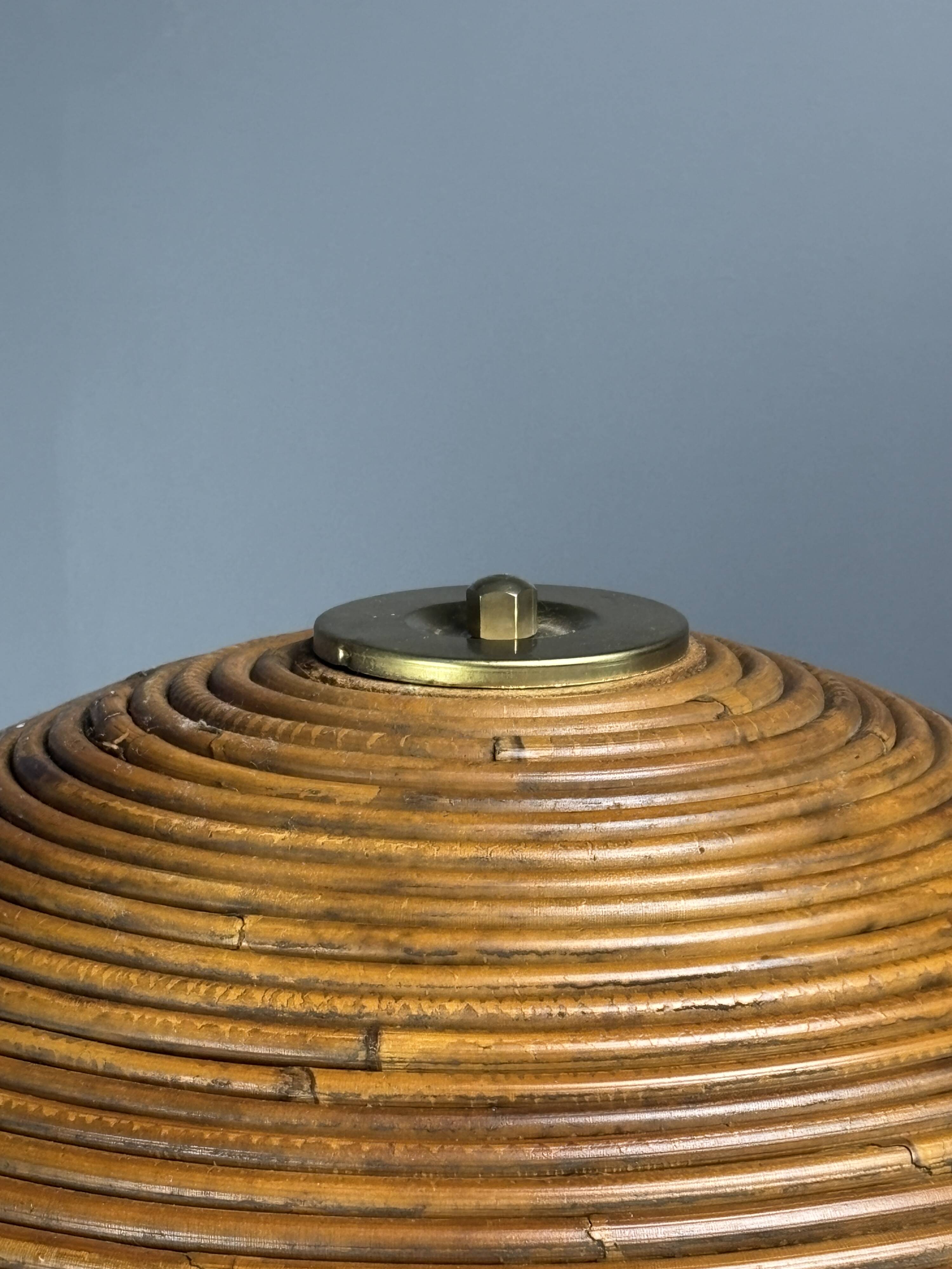 Italian midcentury pencil reed rattan brass Fungo mushroom table lamp 1970s