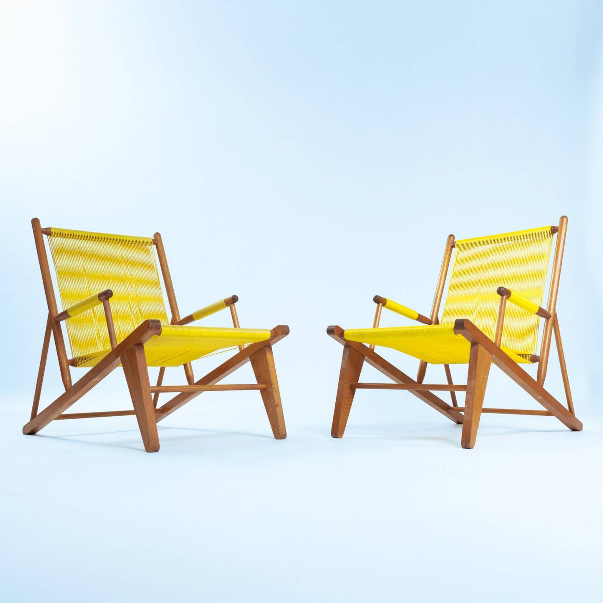 2 Yellow Spaghetti Armchairs in Beech, Garden Lounge Chairs, 1960s