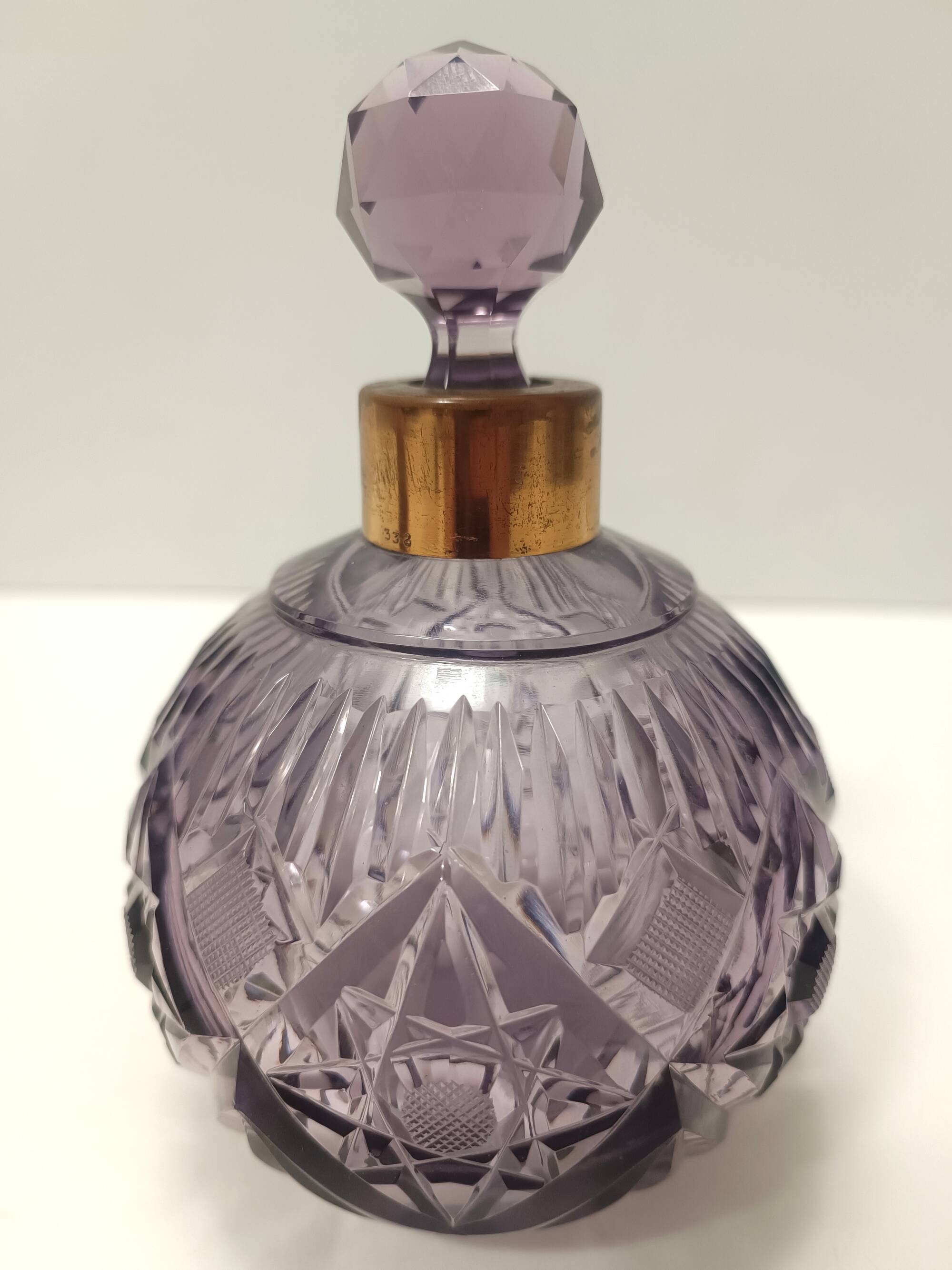 Lilac Hand Cut Crystal Glass And Brass Parfume Bottle, Italy