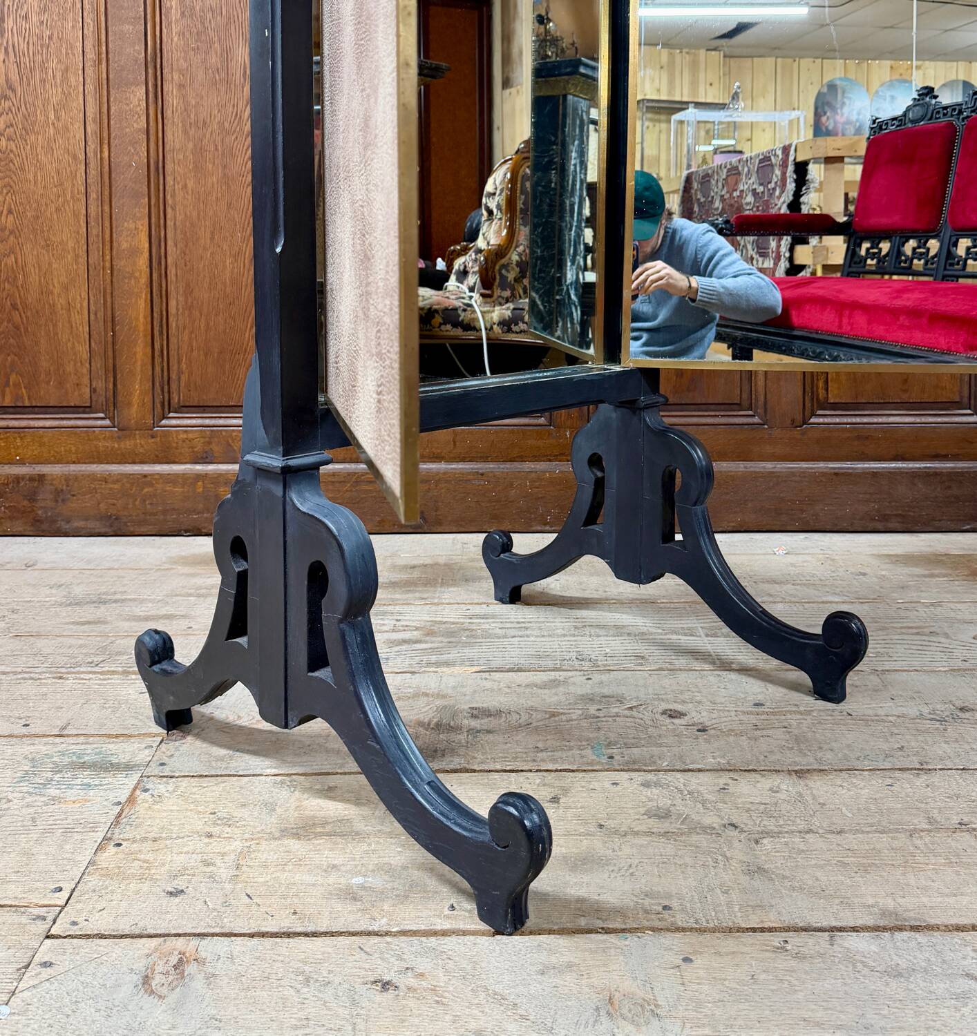 Brot mirror on legs, triptych glass in blackened wood, brass, Art Deco