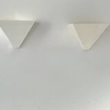 Pair of vintage geometric wall lights, white lacquered metal, France 1970