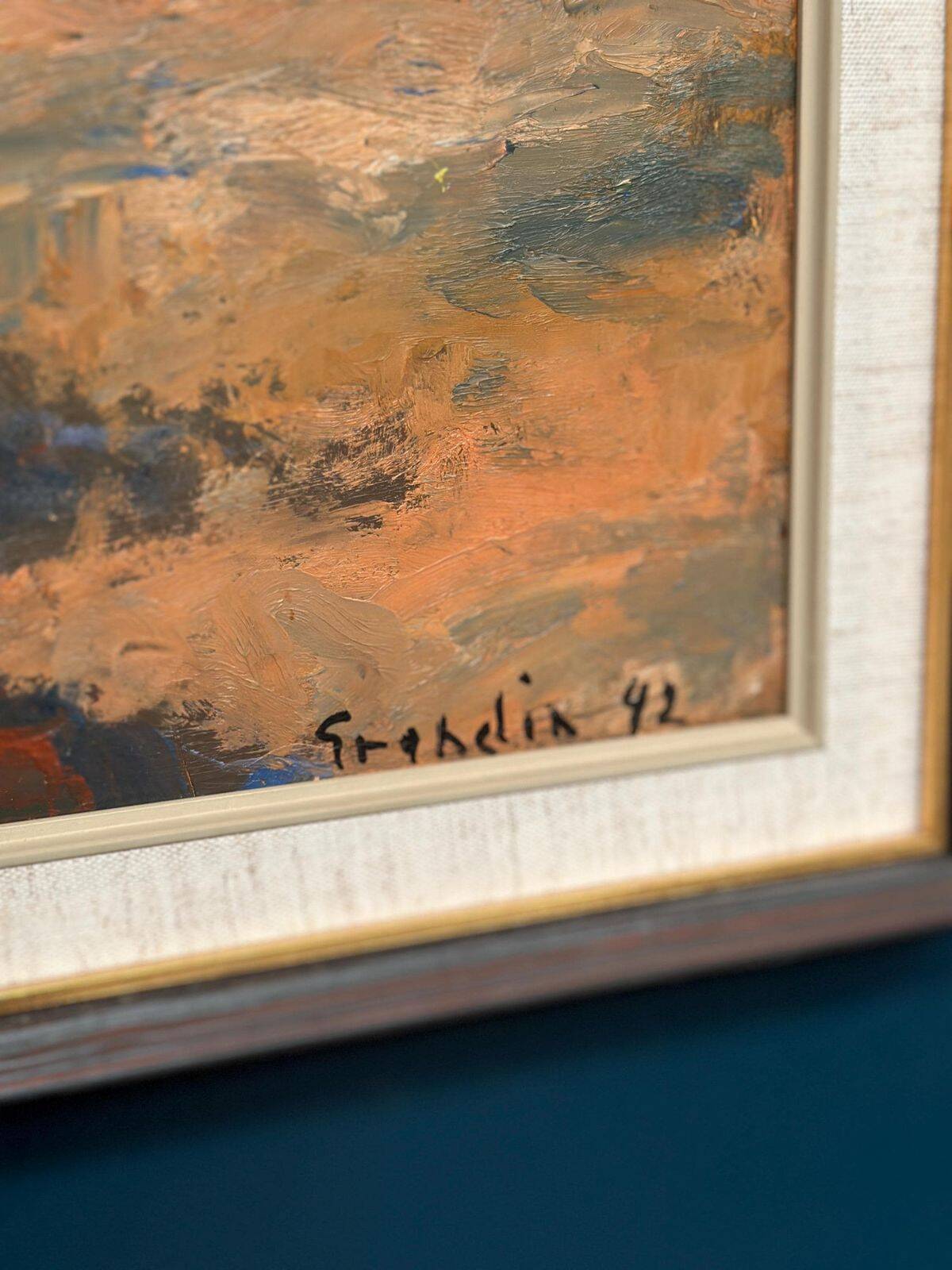 Huile sur panneau suédoise d'époque mi-siècle – « Reflets d'automne » par Svän Grandin (1906–1982) – Vintage et encadrée – 45 × 54 cm (17,7" × 21,3")