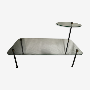 Vintage glass and metal coffee table, French 1960