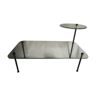 Table basse vintage en verre et métal français 1960