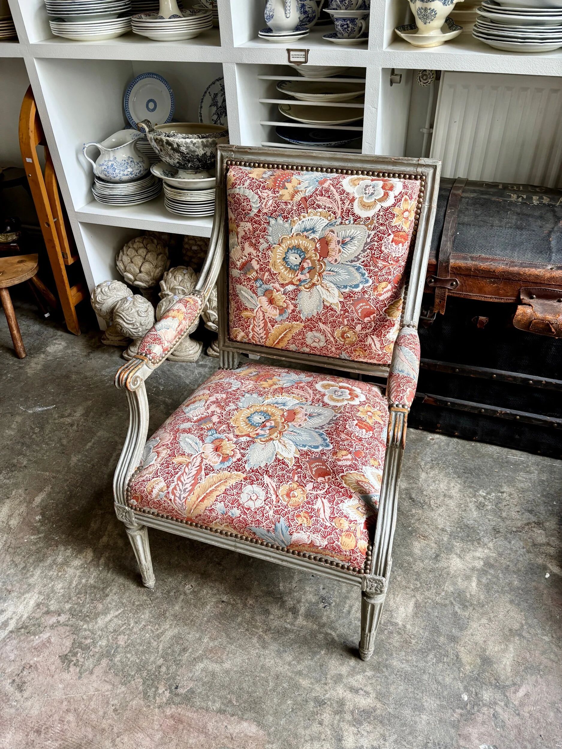 Queen's armchair from the Louis XVI period, Indian fabric.