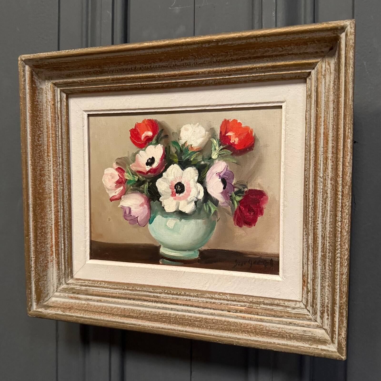 Oil on canvas still life bouquet of flowers 20th century