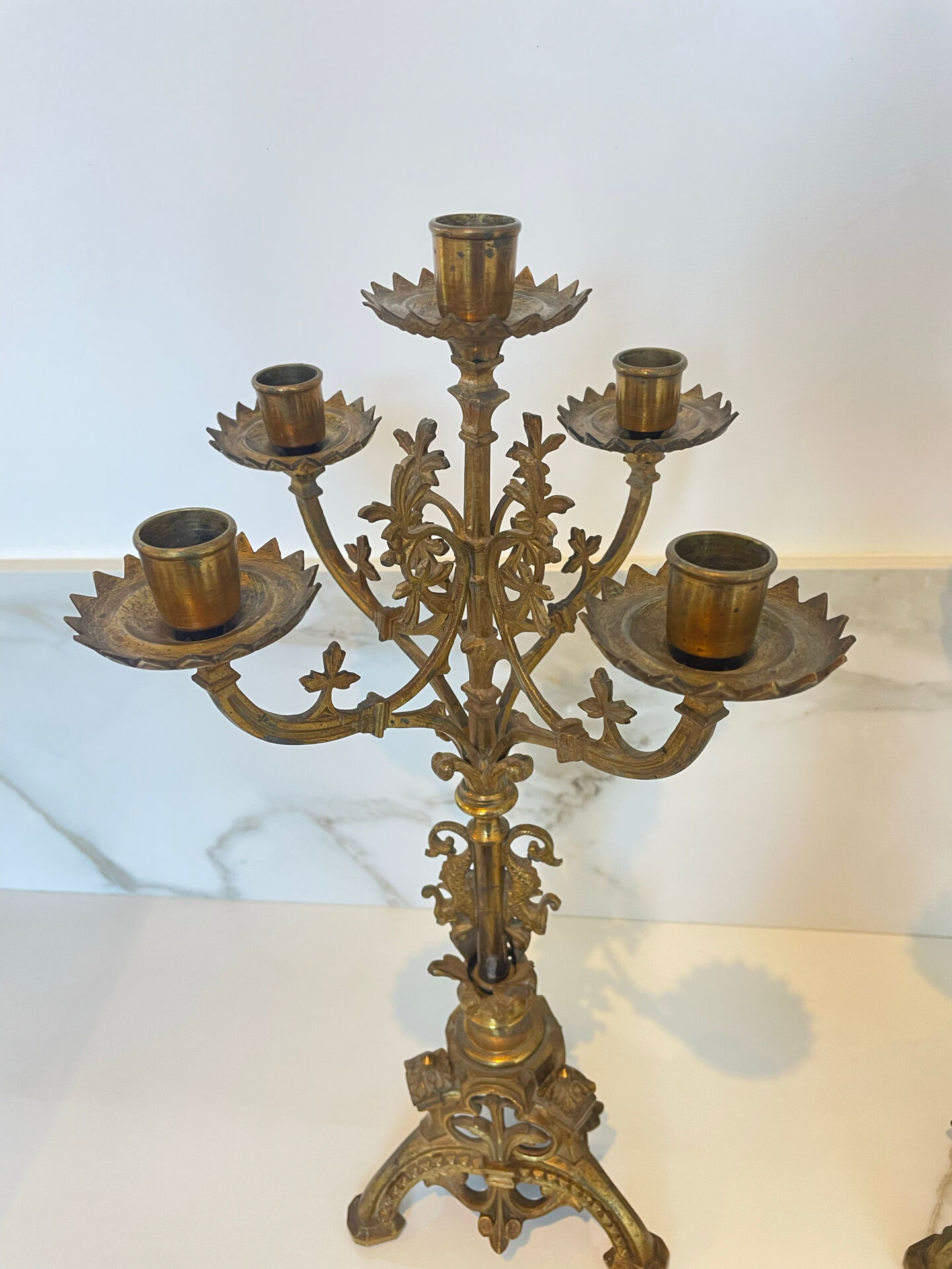 Pair of church candelabra - 19th century - in bronze and brass, 5 lights / c