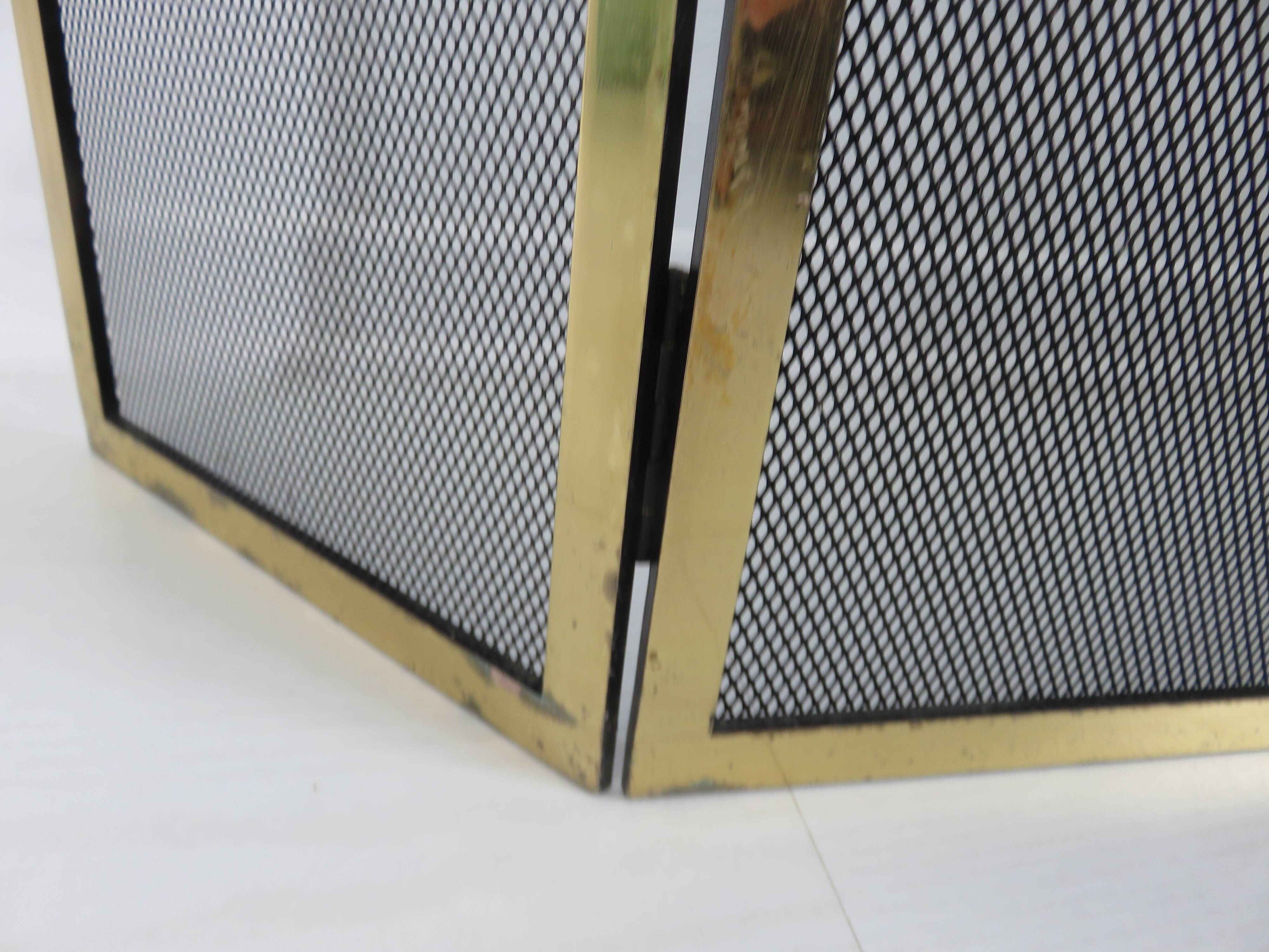Fire screen, 3-panel brass spark screen for fireplace, modernist, minimalist, 1970