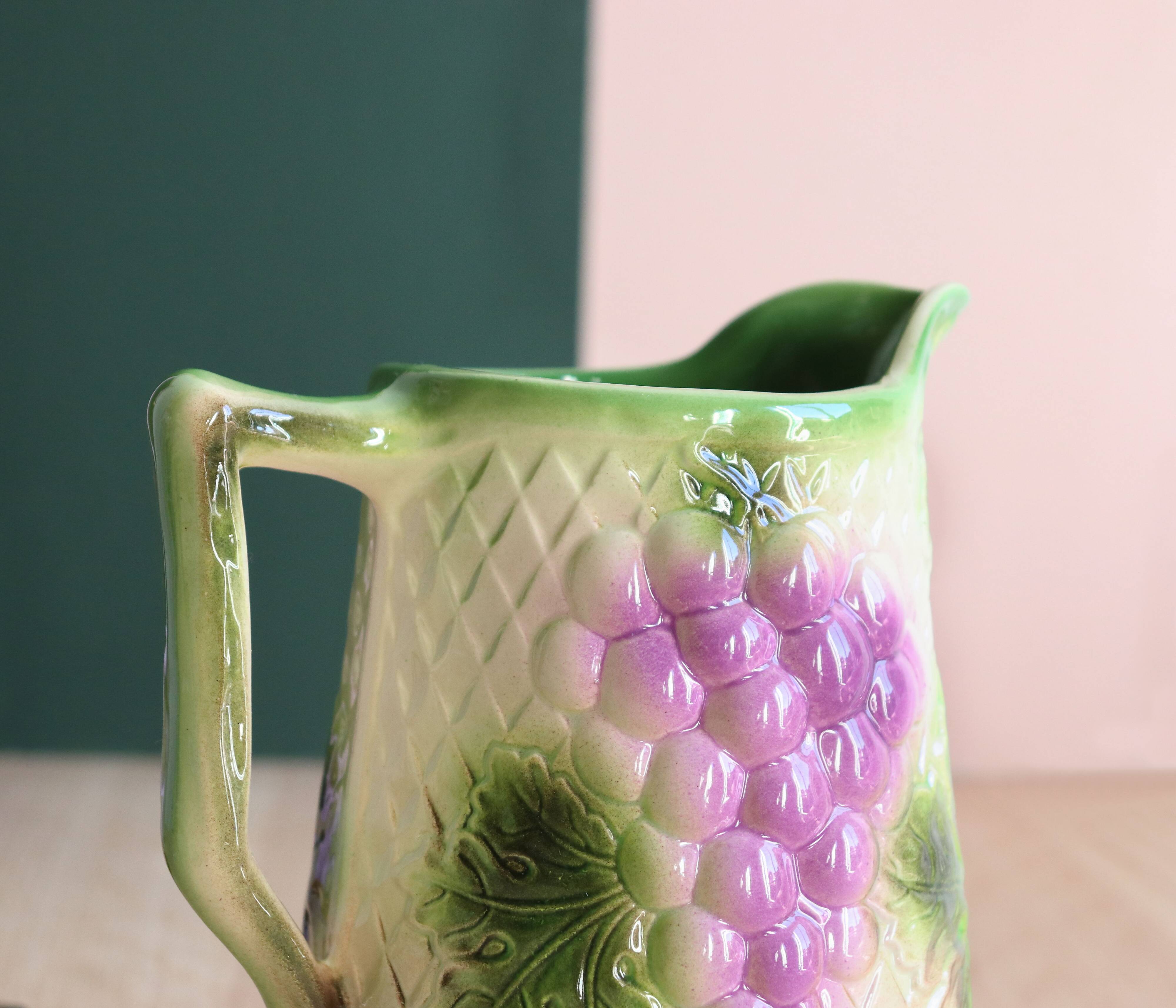 Barbotine pitcher from the 20s/30s with vine and grape decoration, Saint-Clément earthenware factory