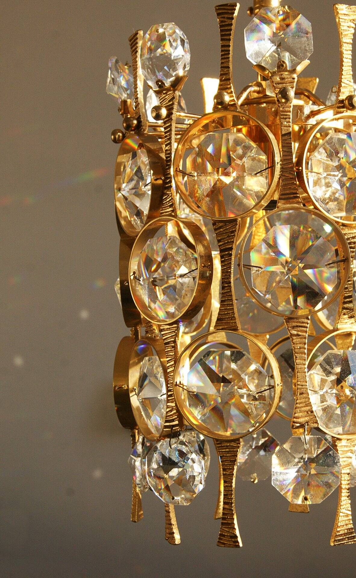 Hollywood Regency Brass & Crystal Glass Ceiling Lamp by Christoph Palme for Palwa