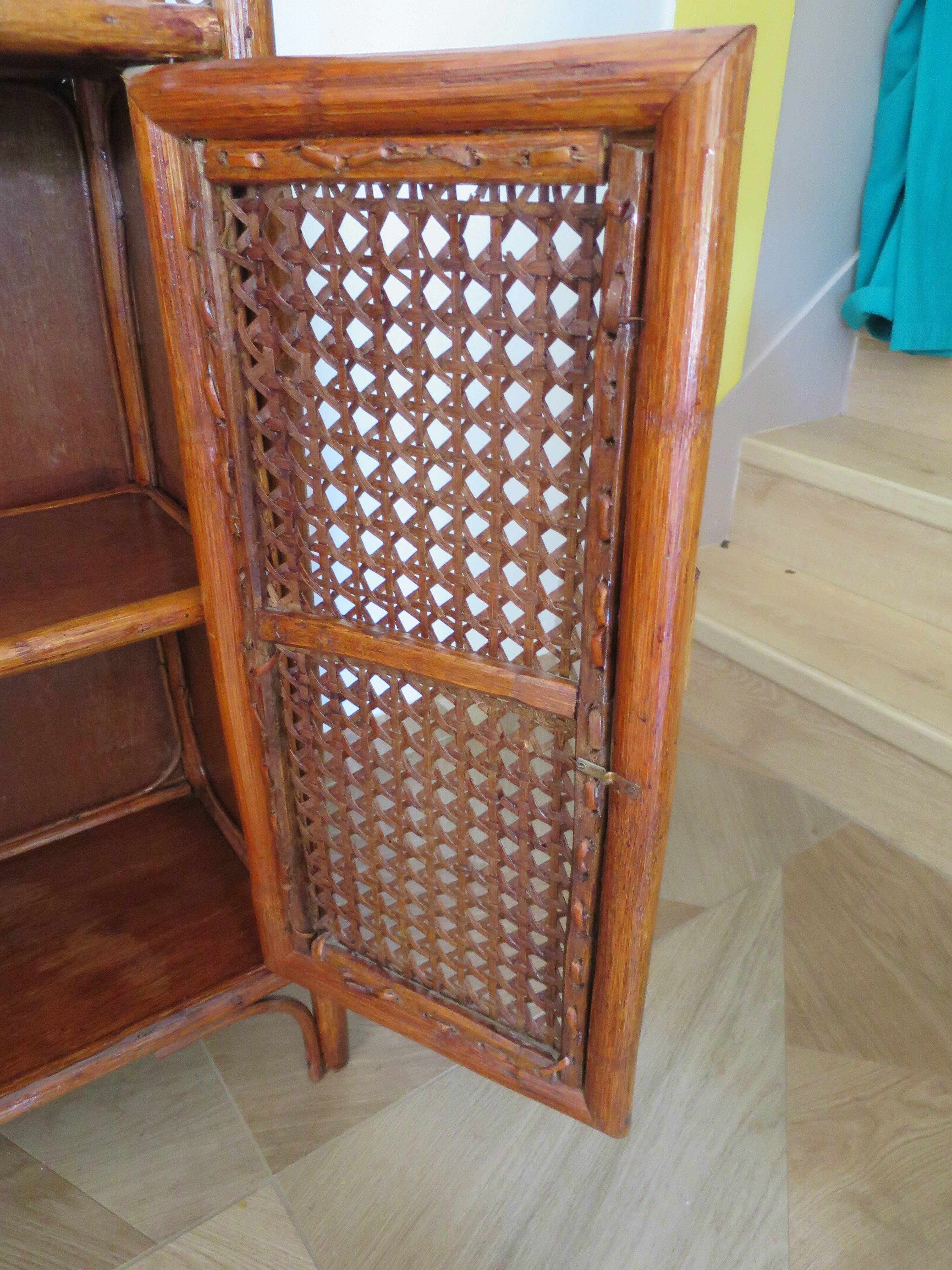 Retro-modernist - Sideboard-bookcase-2 doors-wood-rattan-cane-1960s