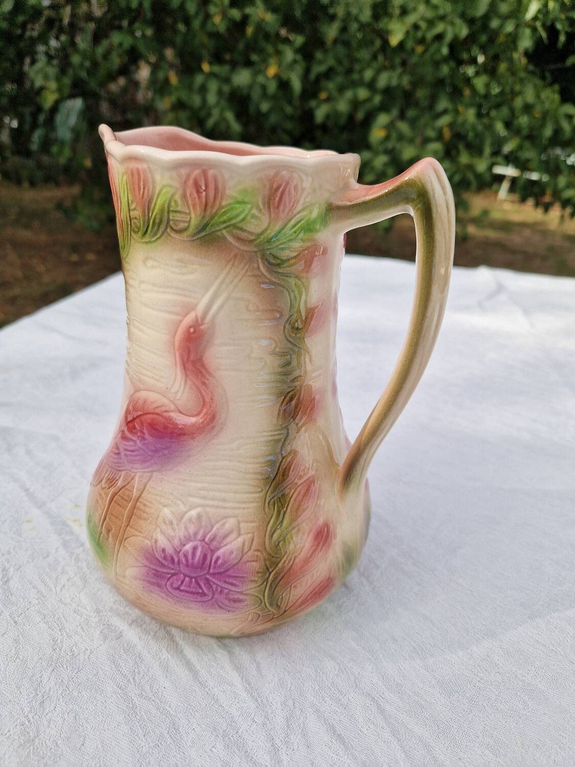 Antique Barbotine Pitcher from the Saint Clément Factory, Heron Decor