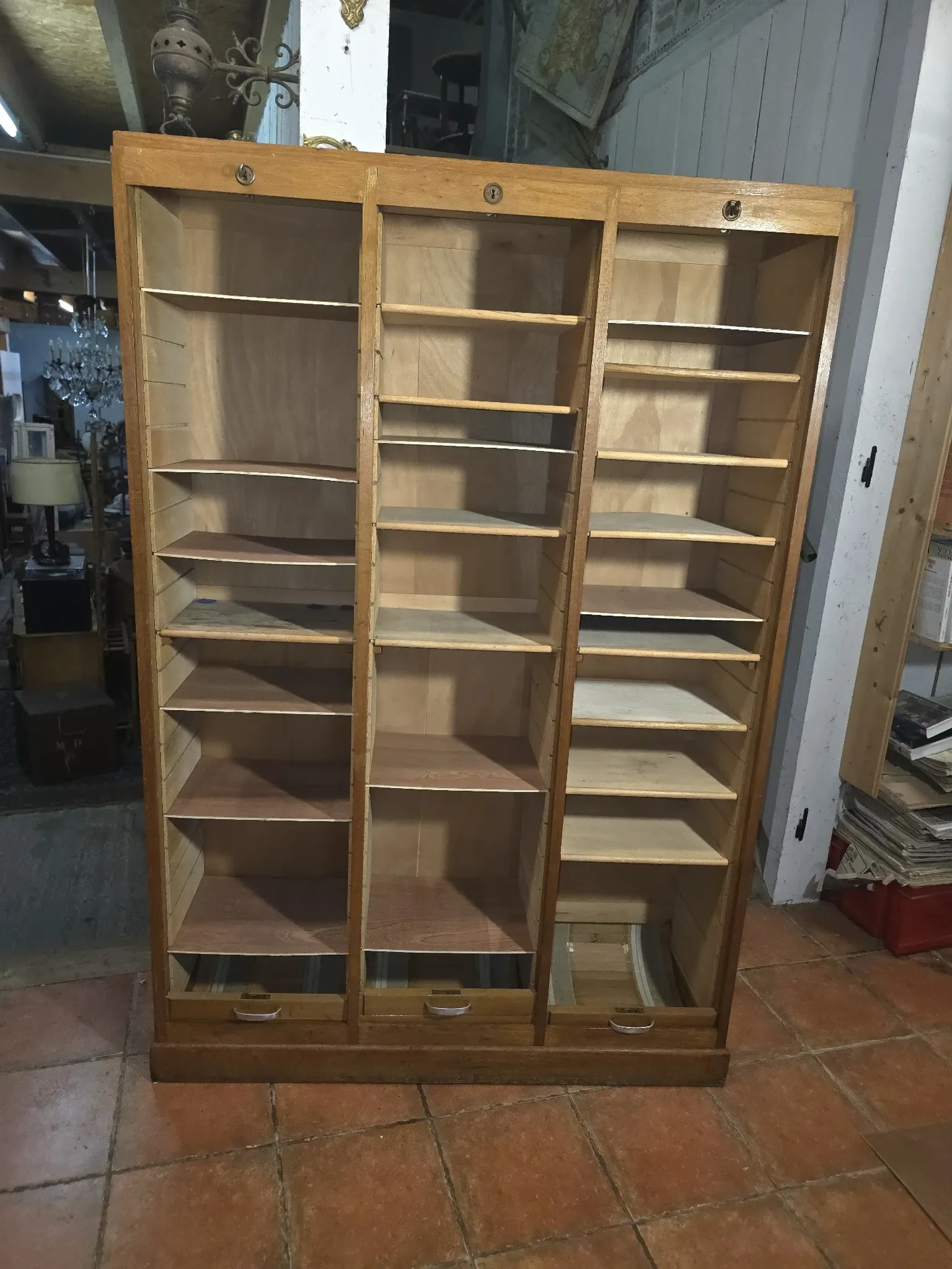 Vintage oak three-panel curtain cabinet