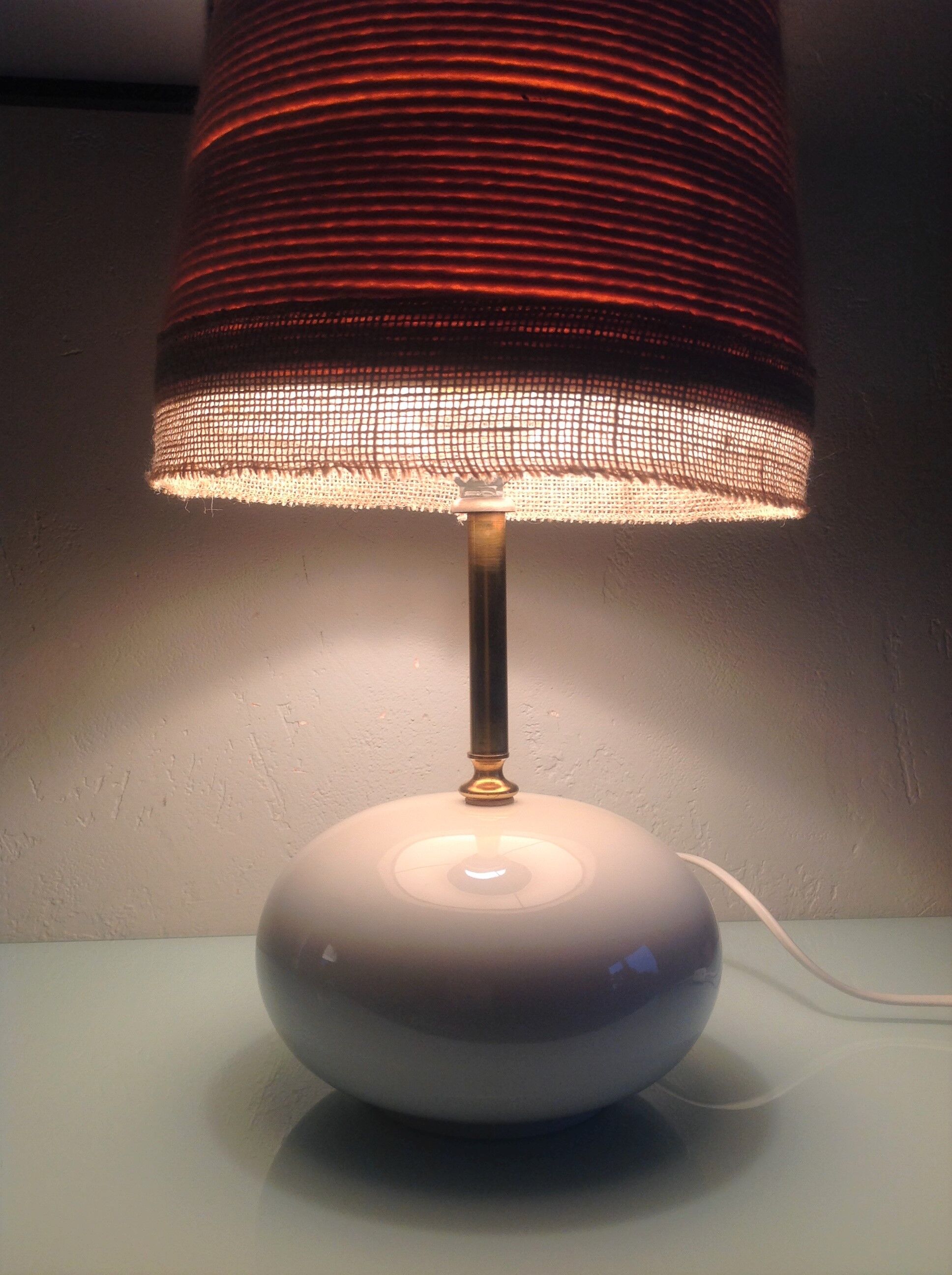 White ceramic ball lamp and beige wool lampshade / 70s