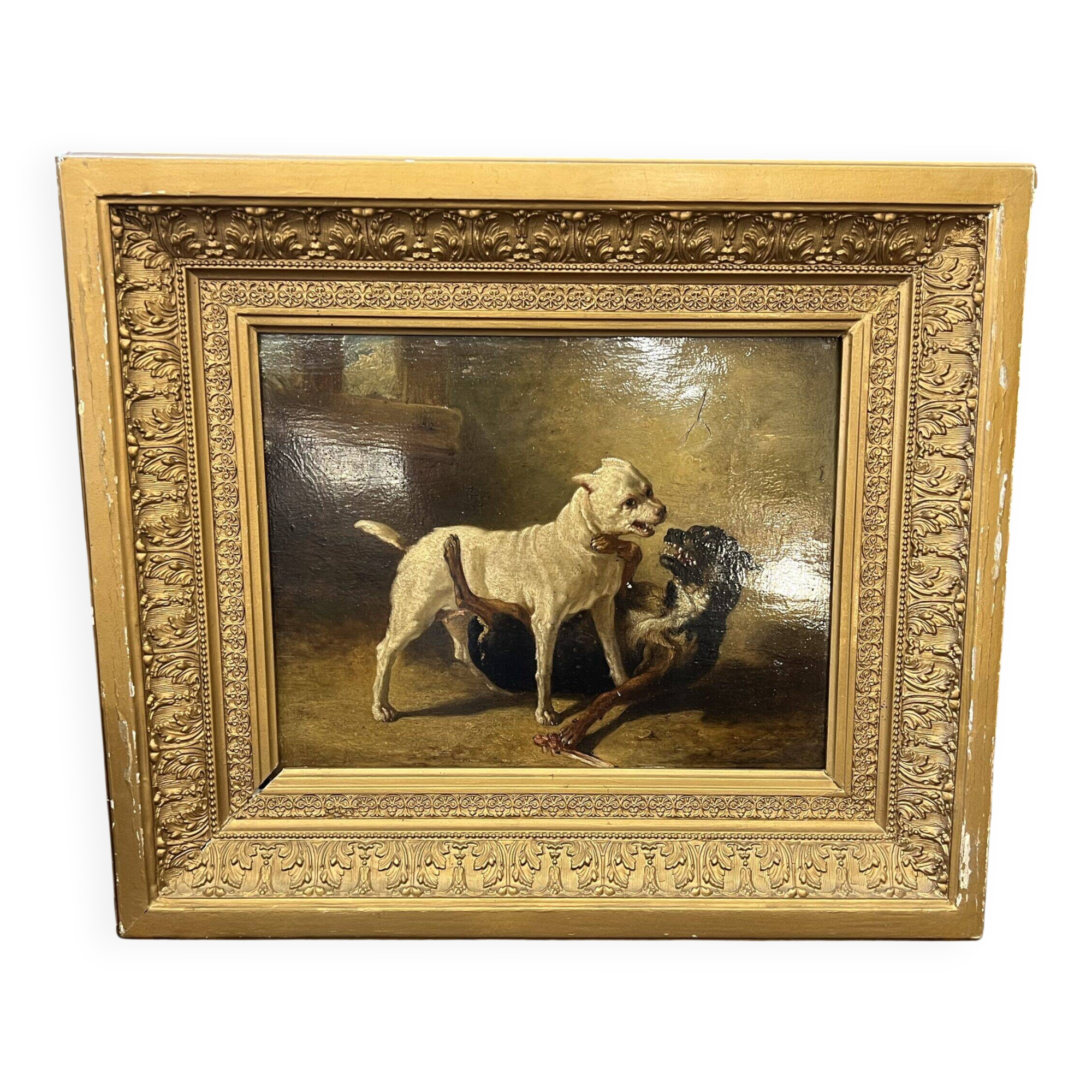 Jean Baptiste Louis Guy? Oil on panel, two bulldogs fighting