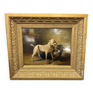 Jean Baptiste Louis Guy? Oil on panel, two bulldogs fighting