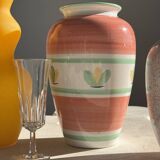 Large vintage pink vase with yellow and green stylized flower patterns H25