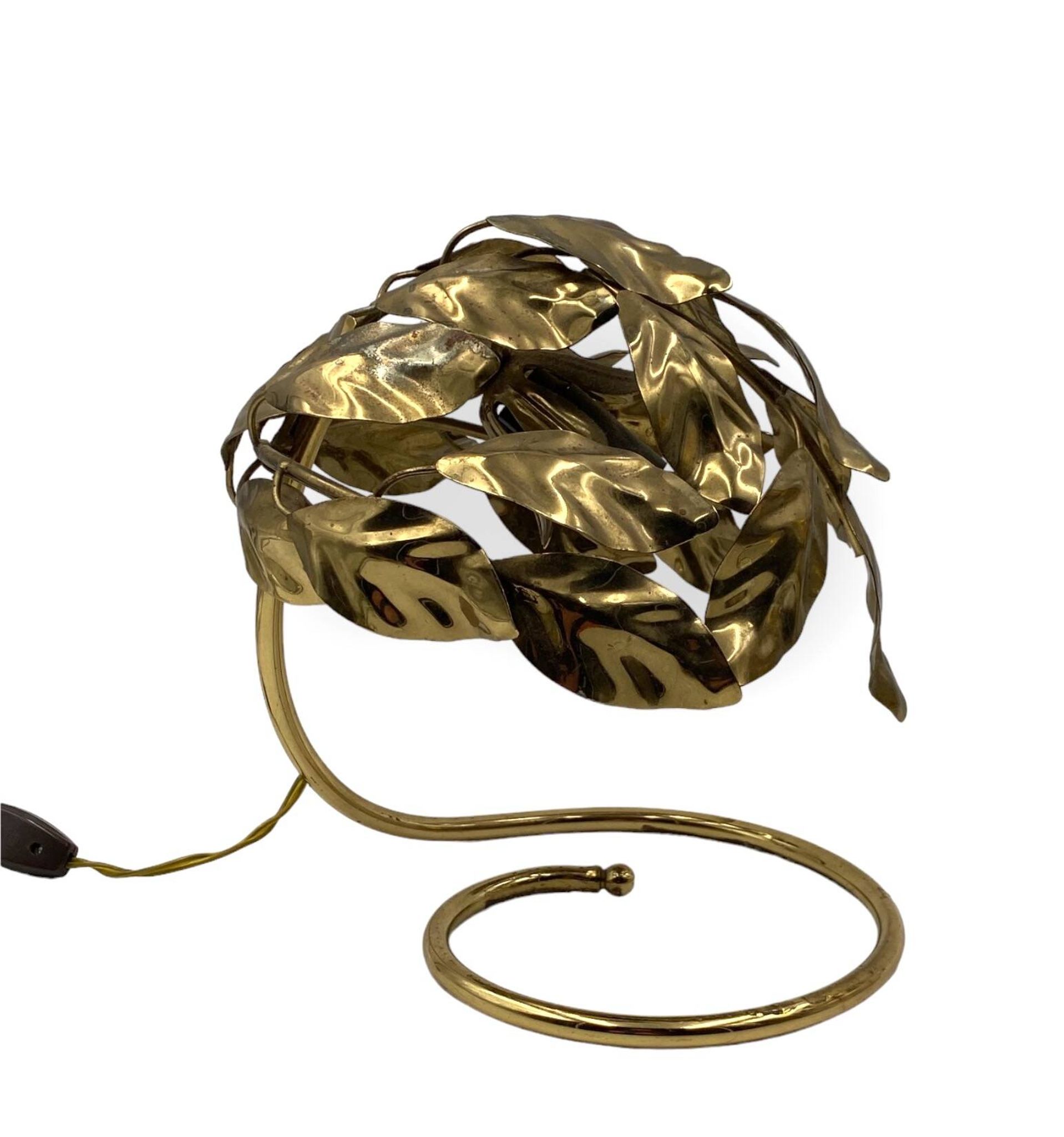 Hollywood regency set of 2 brass leaves table lamps, Bottega Gadda Italy, 1970s