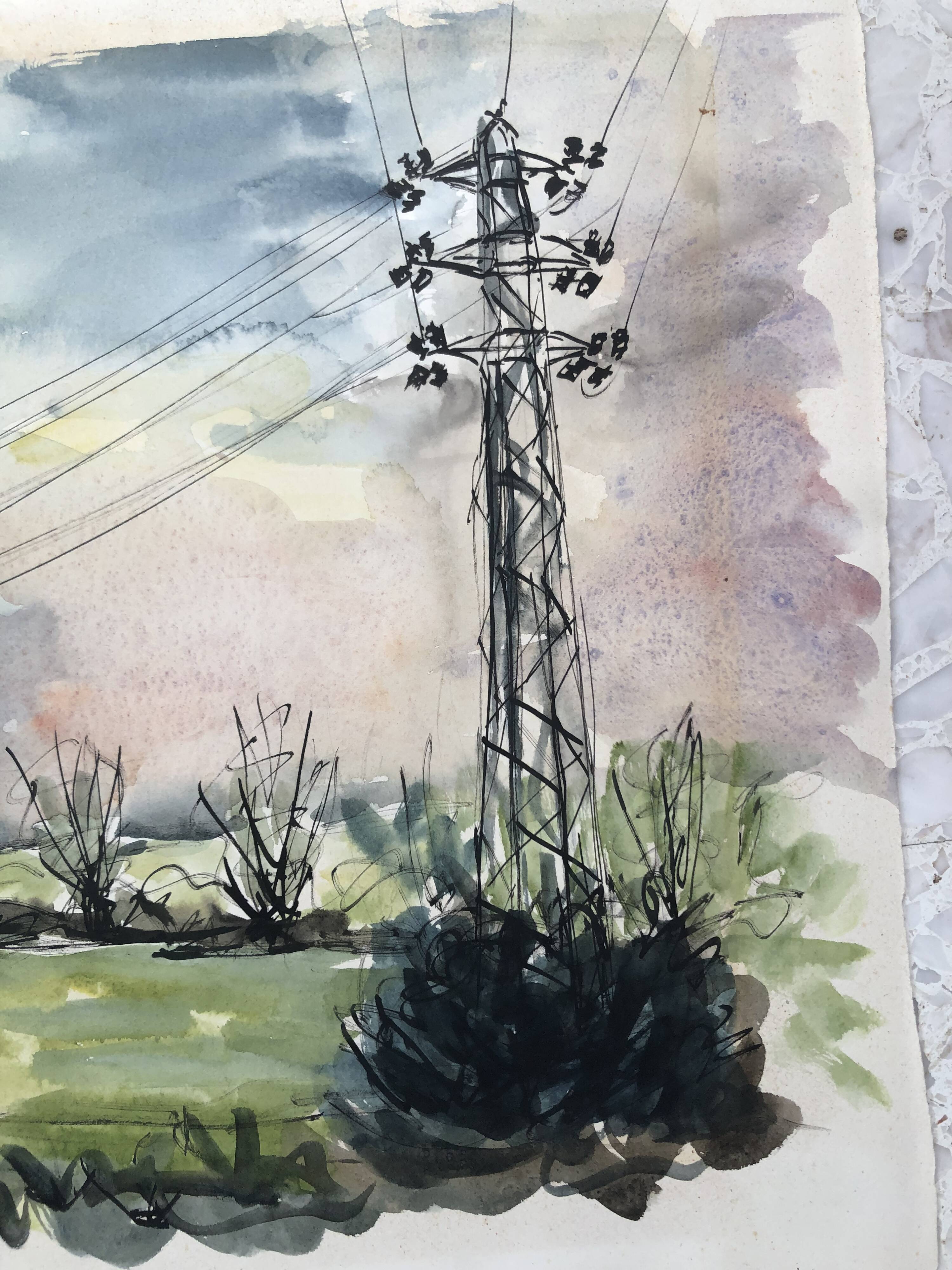Watercolor & black ink landscape of villecresnes 94 val de marne, pylons, signed suzel calembert