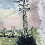 Watercolor & black ink landscape of villecresnes 94 val de marne, pylons, signed suzel calembert