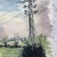 Aquarelle & encre noire paysage de villecresnes 94 val de marne, pylônes, signé suzel calembert