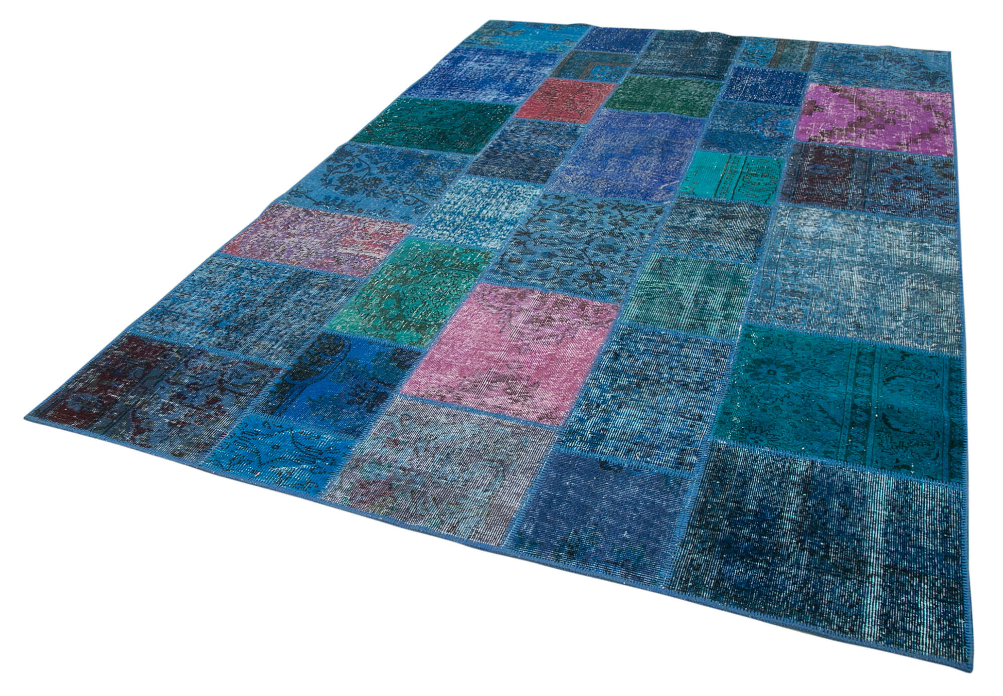 Handmade anatolian vintage 202 cm x 300 cm blue patchwork carpet
