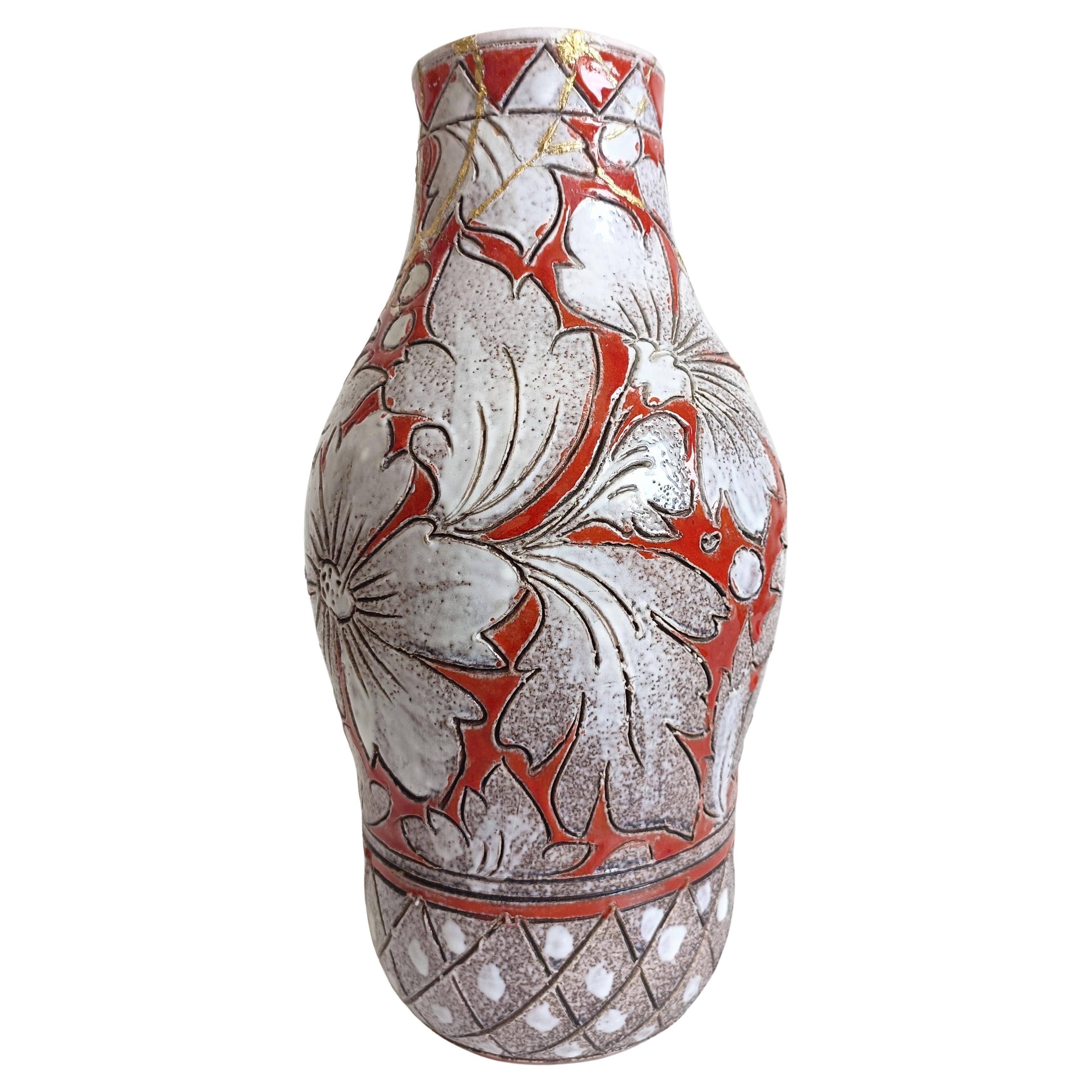 Large Fratelli Fanciullacci Sgraffito Ceramic Vase, Restored Kintsugi-Style