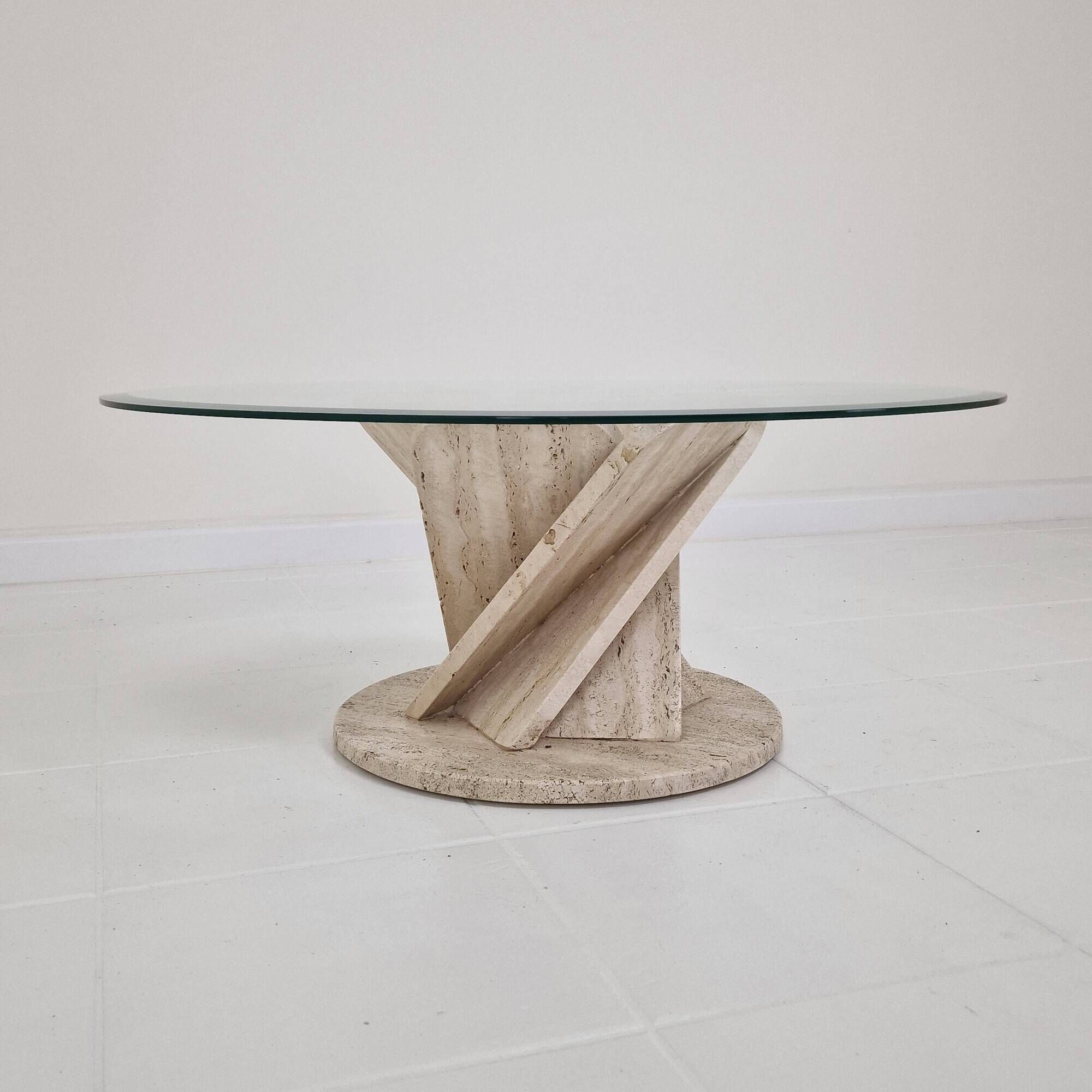 Italian "Flower" Coffee Table in Travertine With Facet-cut Round Plate, 1980s