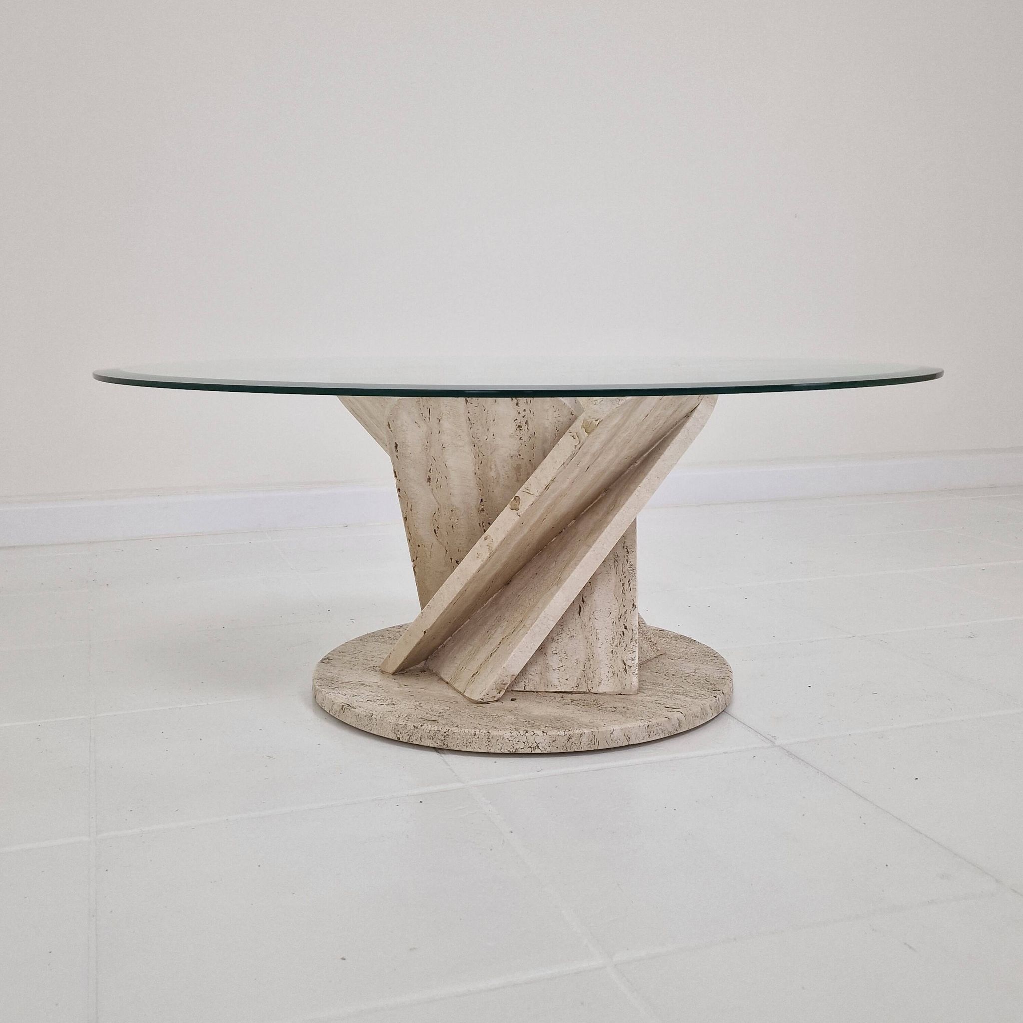 Italian "Flower" Coffee Table in Travertine With Facet-cut Round Plate, 1980s