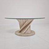 Italian "Flower" Coffee Table in Travertine With Facet-cut Round Plate, 1980s