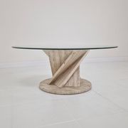 Italian "Flower" Coffee Table in Travertine With Facet-cut Round Plate, 1980s