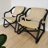 2 Vintage Espri Safari Lounge Armchairs / Rare Mid-century Black Bamboo and Beige Fabric Easy C