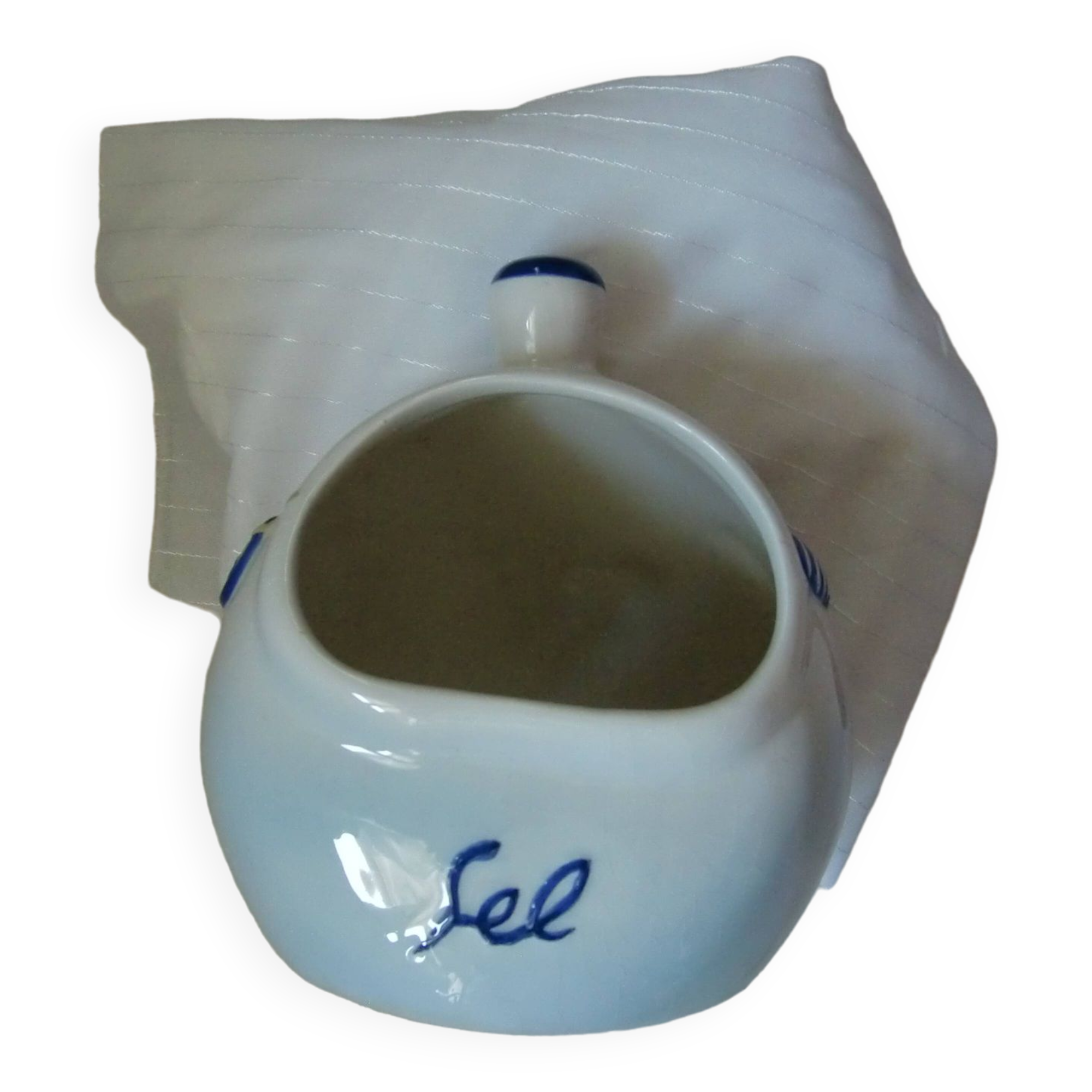 Ceramic salt pot and wooden spatula