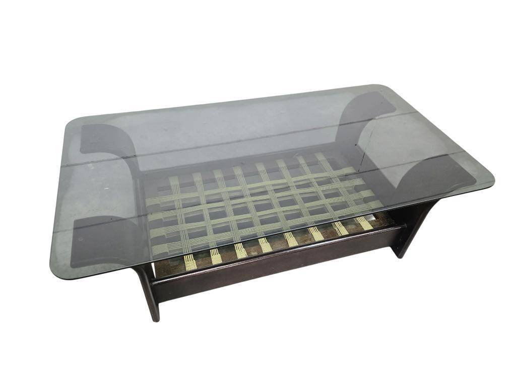 Vintage glass coffee table with dark wood frame