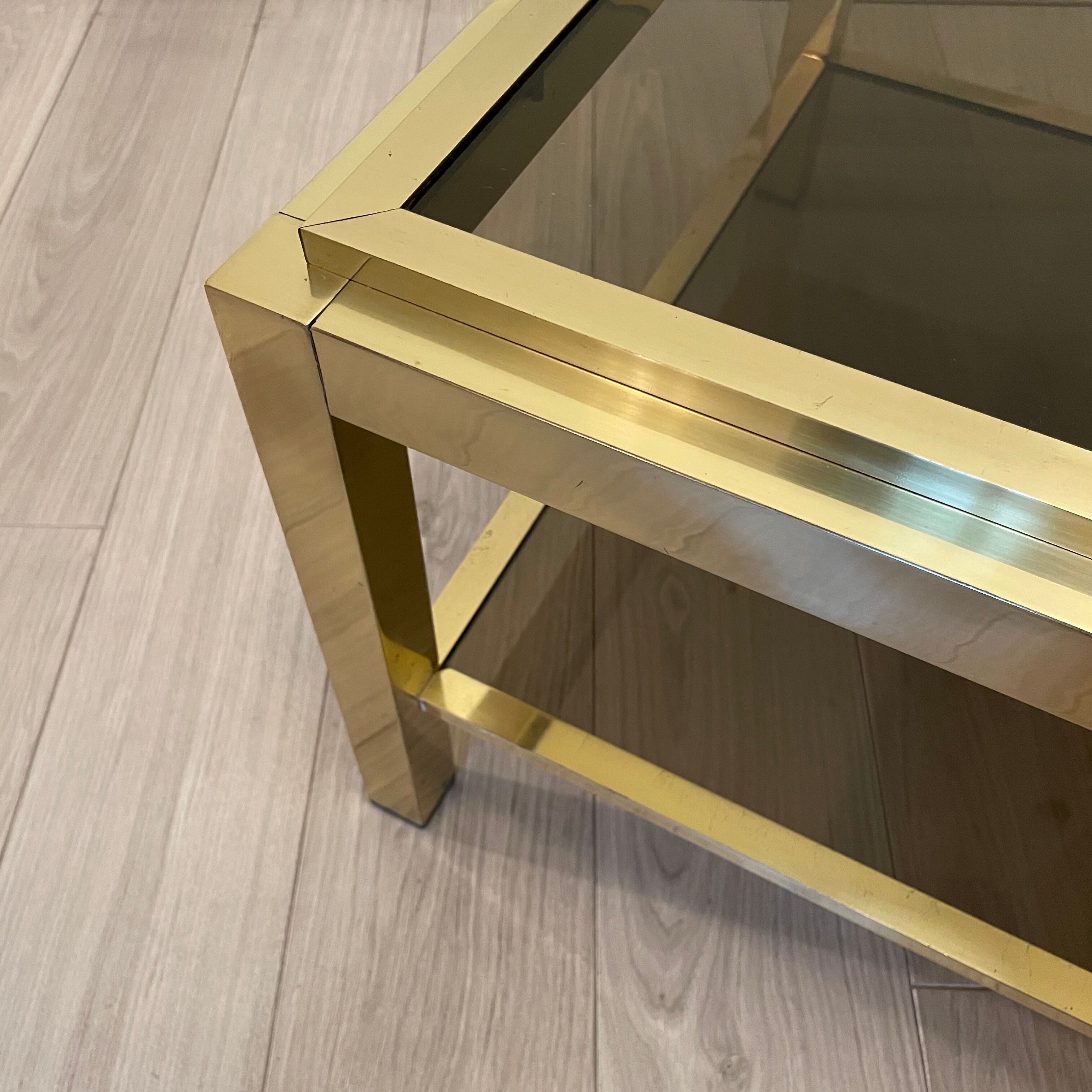 Brass coffee table, double trays in smoked glass, 1970