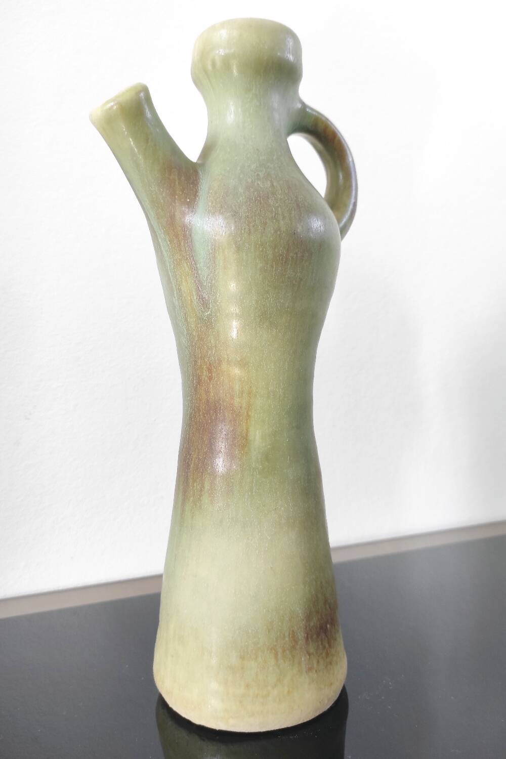 Pichet / Soliflore vintage en céramique flammée – Vert olive & Brun (A